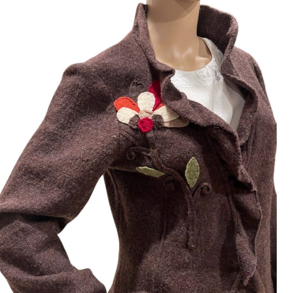 CYNTHIA ROWLEY 100% Wool Ruffle Felted Floral Design Cardigan Jacket Brown Sz M - Picture 2 of 8